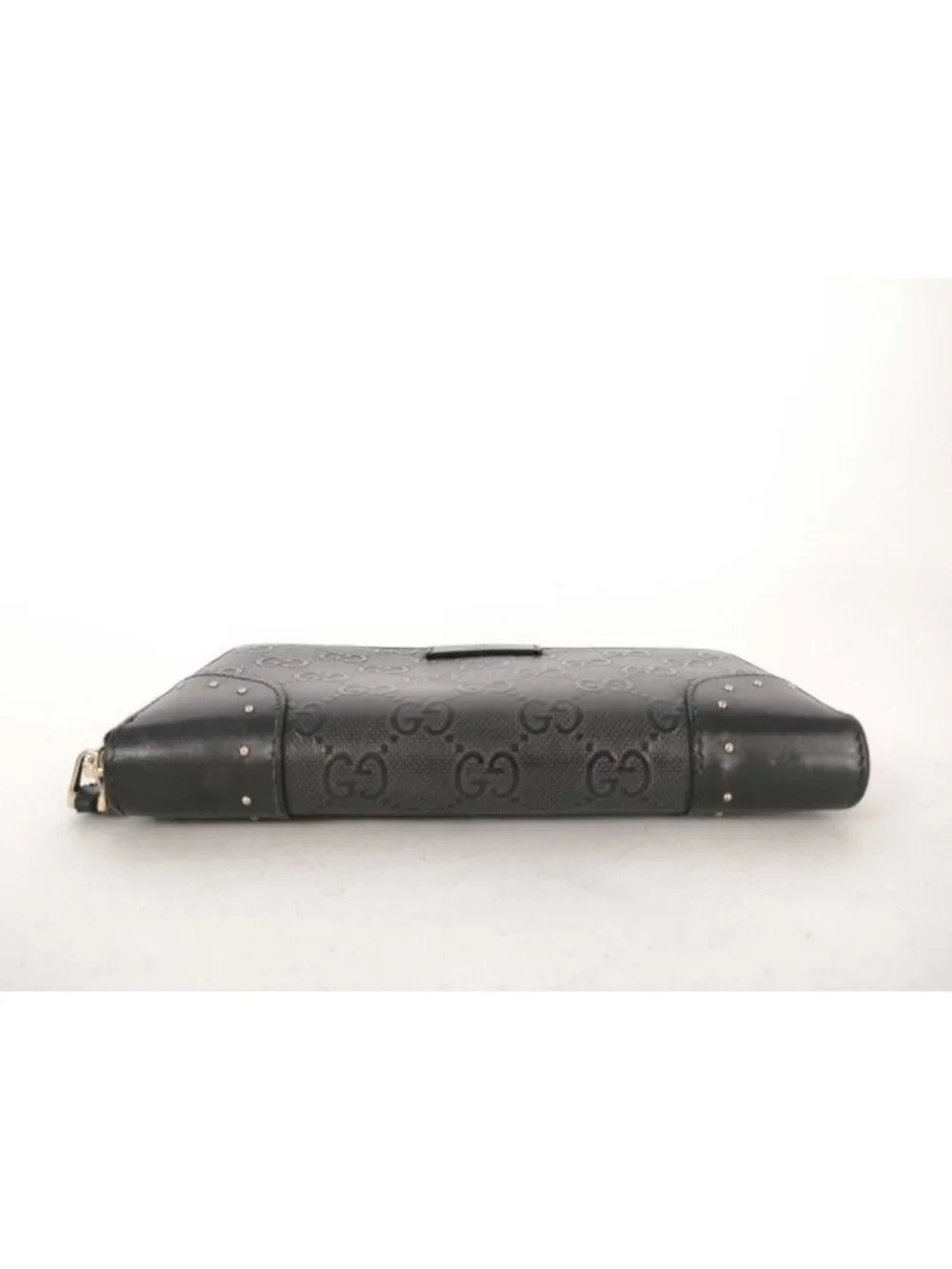 Gucci Wallet Diamante Black Leather GG Pattern Embossed Studs Zip Around Gold